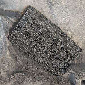 Unique Black/Grey Woven Raffia Clutch Bag with Floral Medallion Design, Bohemian